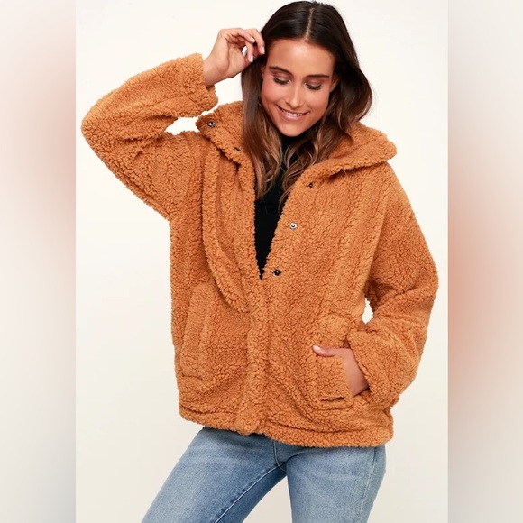 Billabong Warm Brown Teddy Cozy Days Camel Snap Front Sherpa Jacket Medium - Picture 1 of 9